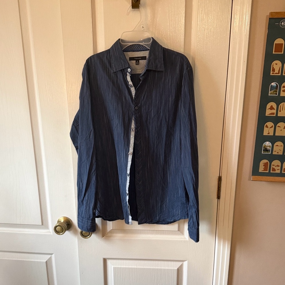 Tahari Navy Striped Button-Up Shirt